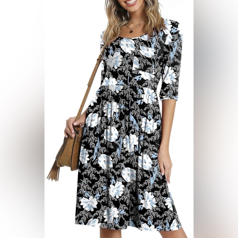 Cathy Women’s Casual Hogh waist Midi Dress w/ Pockets, Floral, Size XL, NWOT